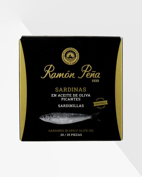 Ramón Peña Sardinas Picante 130 g, svart och guldfärgad ask