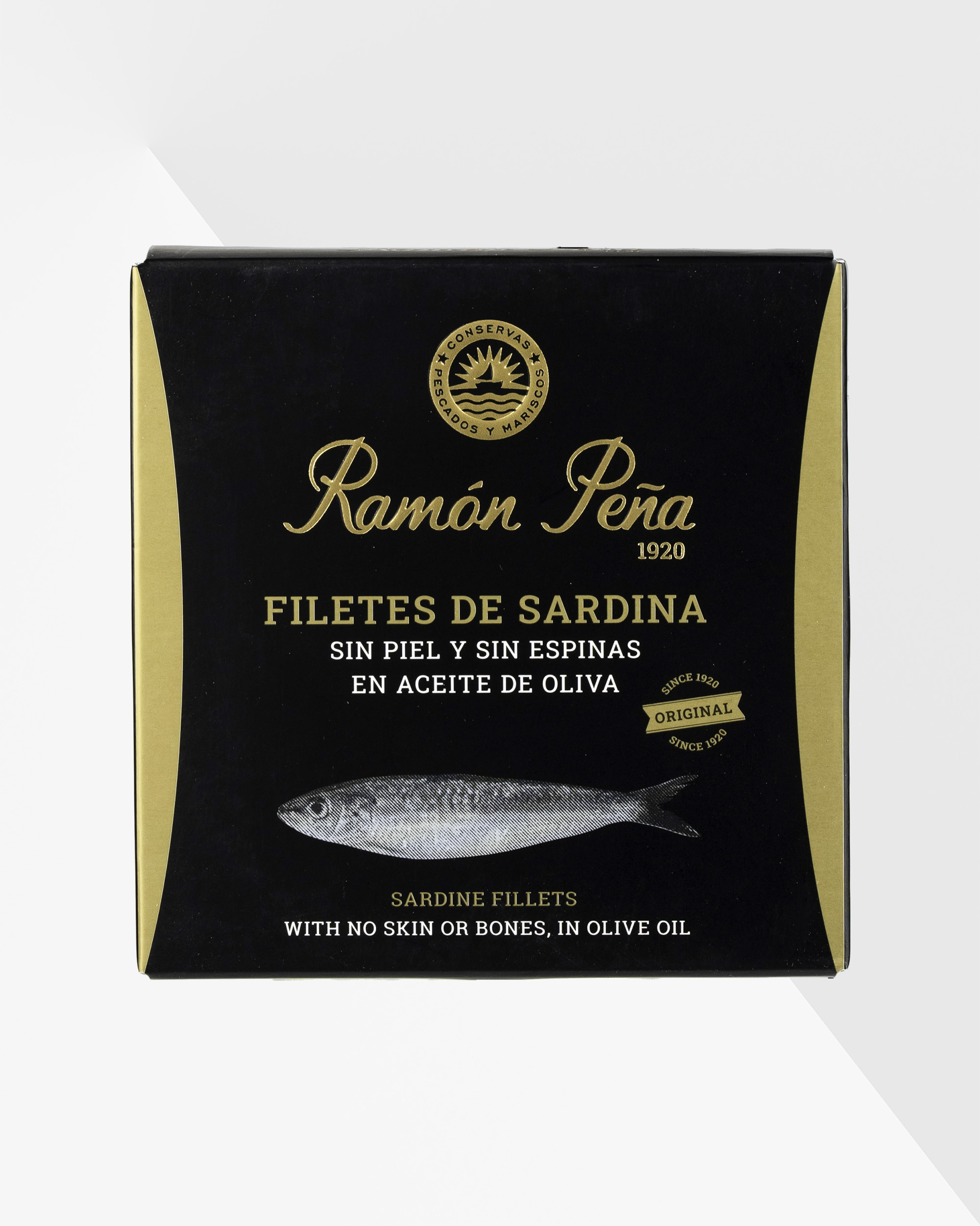 Ramón Peña sardinfiléer utan skinn och ben i olivolja 130 g, svart och guldfärgad ask