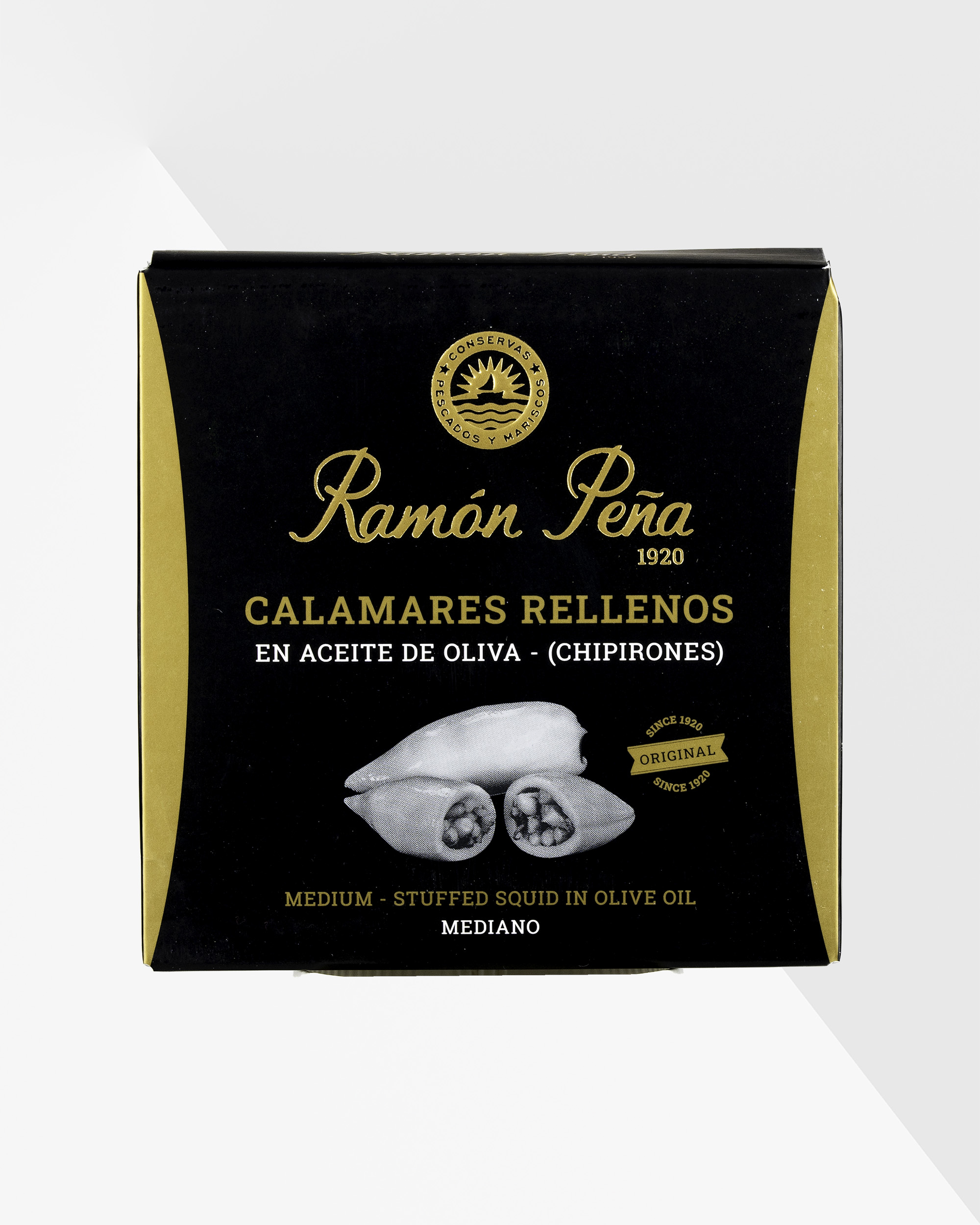 Ramón Peña Calamares Chipirones små bläckfiskar i olivolja 138 g, svart och guldfärgad ask