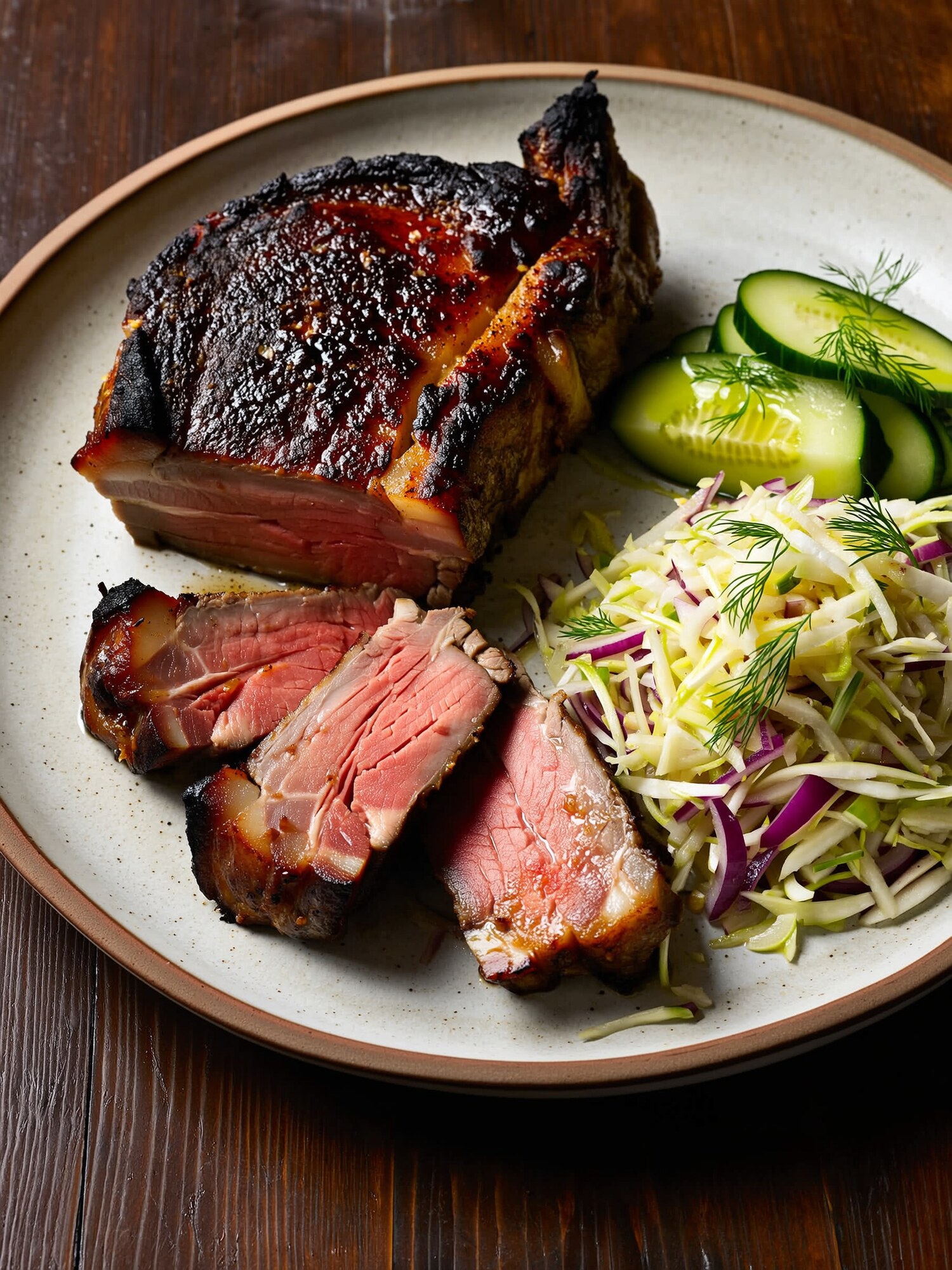 Grillad pata negra-karré med mörk stekyta, delvis uppskuren i rosa skivor, serverad med kålsallad och gurkskivor