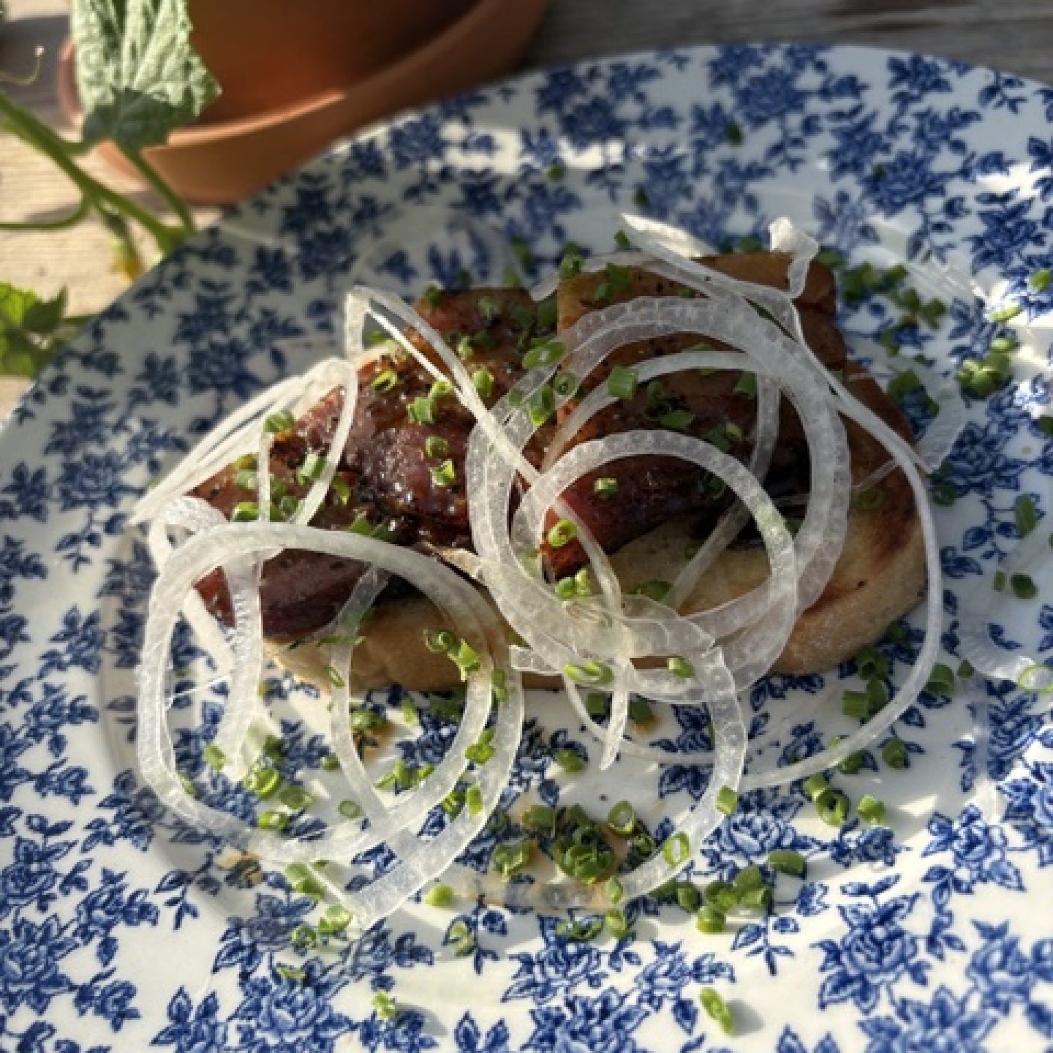 Grillad panceta på rostat bröd med papperstunna lökringar och hackad gräslök på blåblommig tallrik